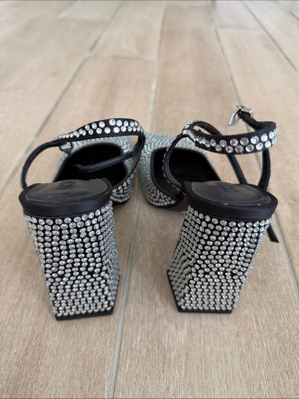 SCHUTZ Black Rhinestone Square-Toe Slingback Heels 10 Jaycie - Picture 3 of 12